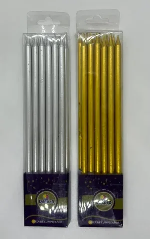 VELAS PALITO LARGA DELGADA  DECORO 15CM ALTO DORADO PLATEADO